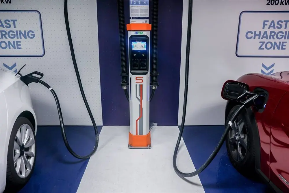 Cargador de veh&iacute;culos el&eacute;ctricos enchufado a dos de ellos