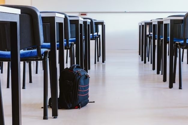 Mochila escolar en el suelo al lado de un pupitre en un aula vac&iacute;a