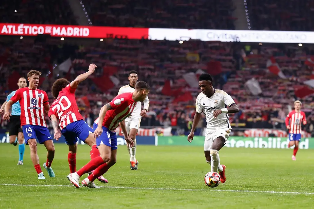 Vinicius Junior of Real Madrid in action during the Spanish Cup, Copa del Rey, football match played between Atletico de Madrid and Real Madrid at Civitas Metropolitano stadium on January 18, 2024 in Madrid, Spain.