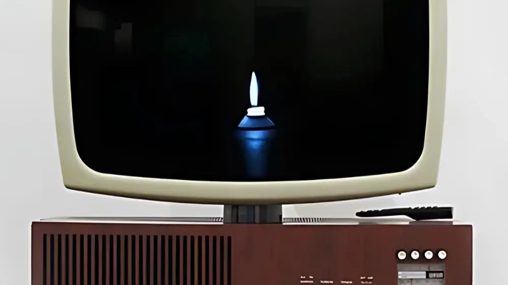 Imagen de uno de los objetos de la exposici&oacute;n donde se observa una televisi&oacute;n con una llama azul dentro