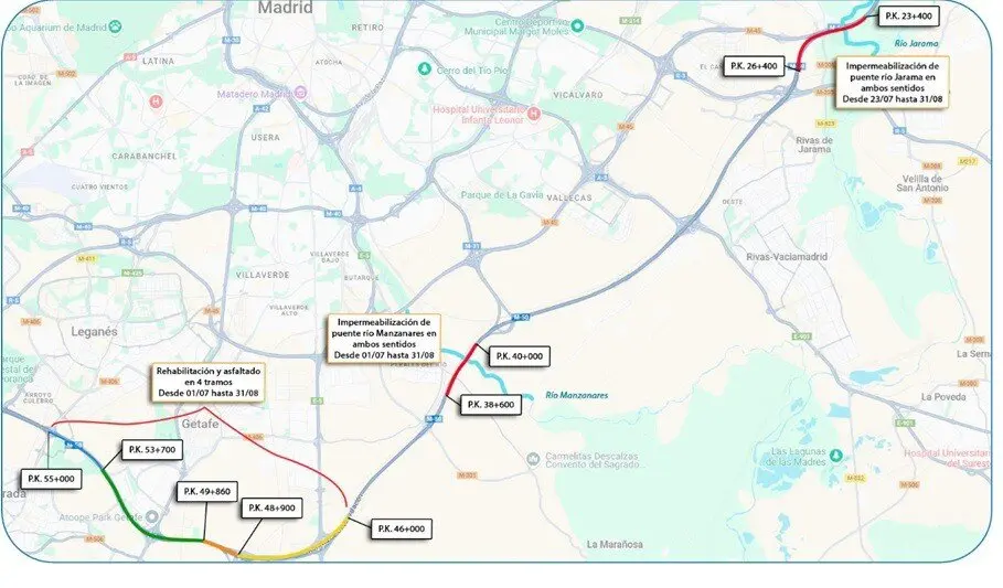 Cortes de tr&aacute;fico en verano en la Comunidad por obras: M-50, ramal de acceso de M-40 A A-4, A-42 y M-607. Imagen de EP.