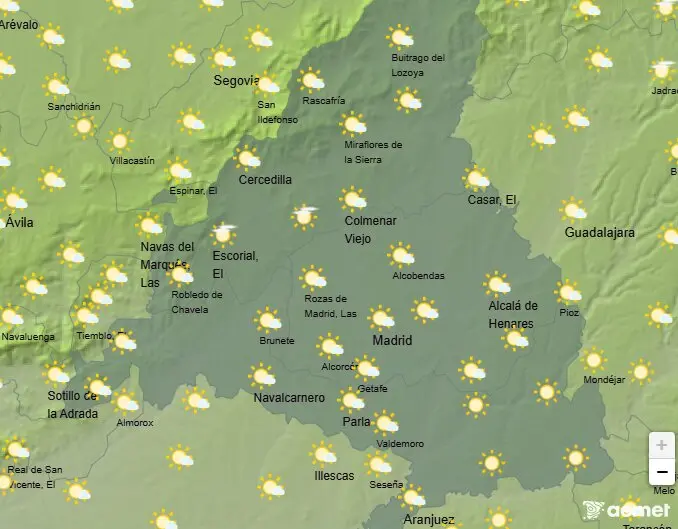 Mapa de la previsi&oacute;n meteorol&oacute;gica en la Comunidad de Madrid a 03 de octubre de 2025. Fuente: AEMET.