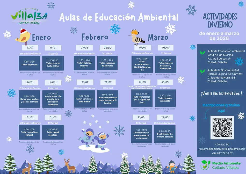 Calendario de actividades en las Aulas de Naturaleza de Collado Villalba.