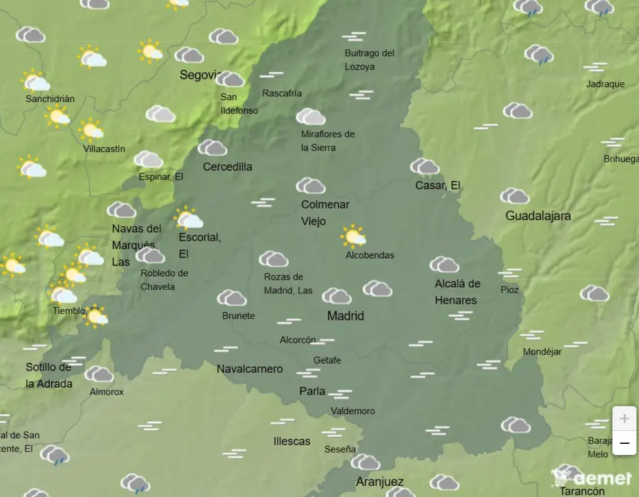 Mapa de la previsi&oacute;n meteorol&oacute;gica en la Comunidad de Madrid a 04 de febrero de 2026. Fuente: AEMET.