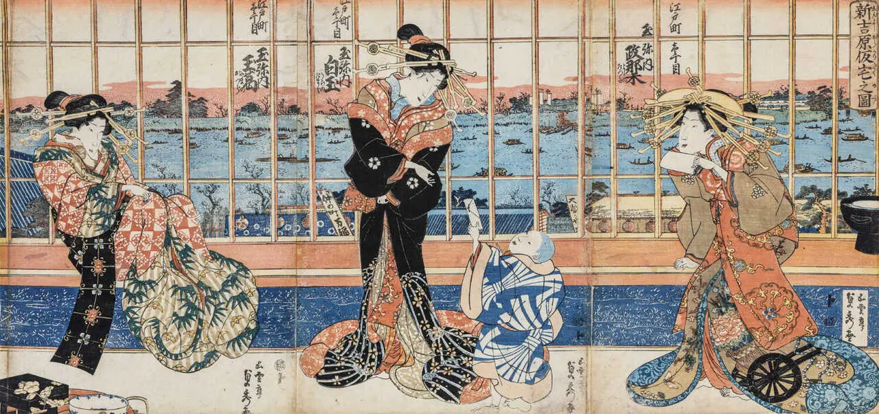 Utagawa Sadahide (1807-1873) Cortesanas de la Casa Tamaya sita en Edo-machi icchōme. Serie &lsquo;Aposentos temporales de Shin Yoshiwara&rsquo;, 1843-1847. Imagen del Ayuntamiento de Madrid.