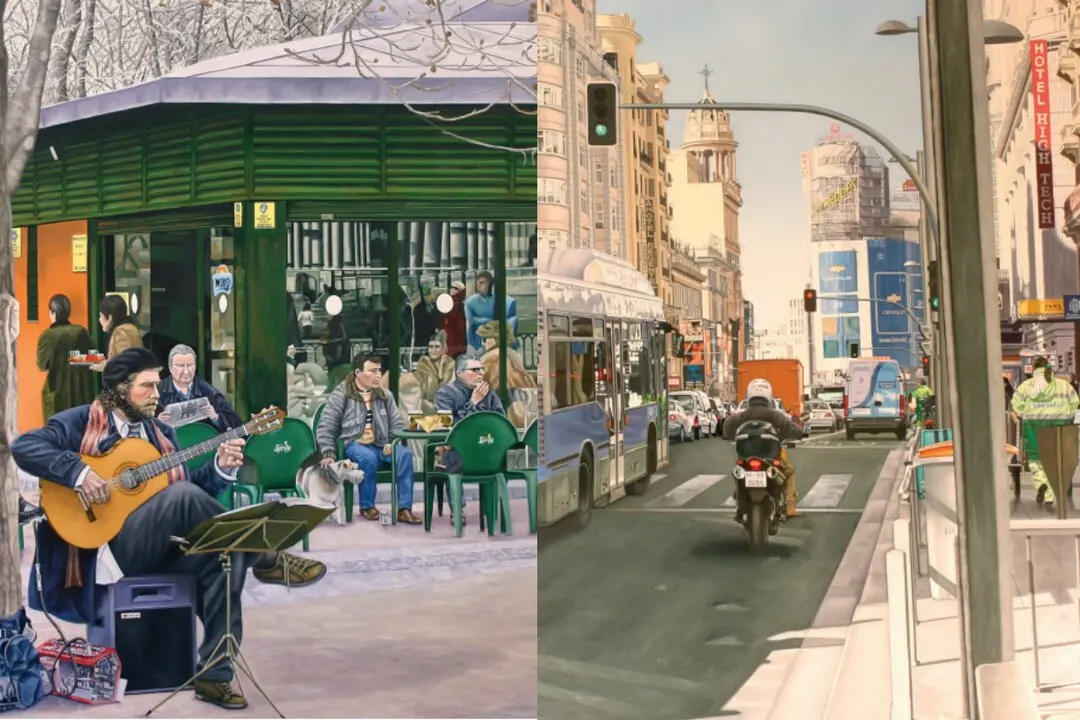 'Guitarrista en kiosko en el parque del Retiro' y 'La Gran V&iacute;a desde la Plaza de Callao hasta el Edificio Telef&oacute;nica'. Im&aacute;genes cedidas por el Museo de Historia de Madrid.
