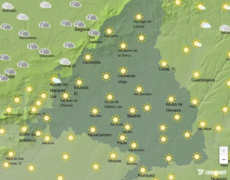 Mapa de la previsi&oacute;n meteorol&oacute;gica en la Comunidad de Madrid a 01 de abril de 2026. Fuente: AEMET.