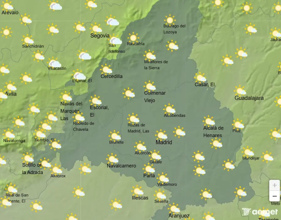 Mapa de la previsi&oacute;n meteorol&oacute;gica en la Comunidad de Madrid a 02 de abril de 2026. Fuente: AEMET.