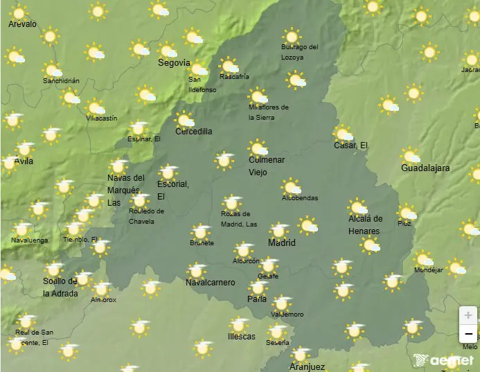 Mapa de la previsi&oacute;n meteorol&oacute;gica en la Comunidad de Madrid a 06 de abril de 2026. Fuente: AEMET.
