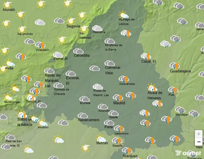 Mapa de la previsi&oacute;n meteorol&oacute;gica en la Comunidad de Madrid a 07 de abril de 2026. Fuente: AEMET.