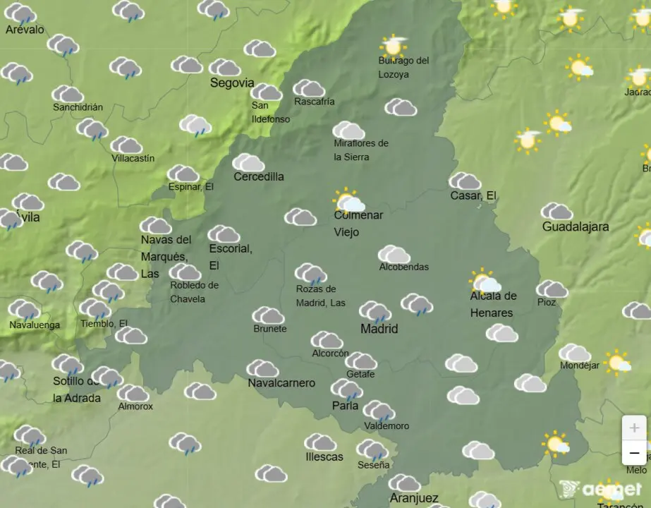 Mapa de la previsi&oacute;n meteorol&oacute;gica en la Comunidad de Madrid a 08 de abril de 2026. Fuente: AEMET.