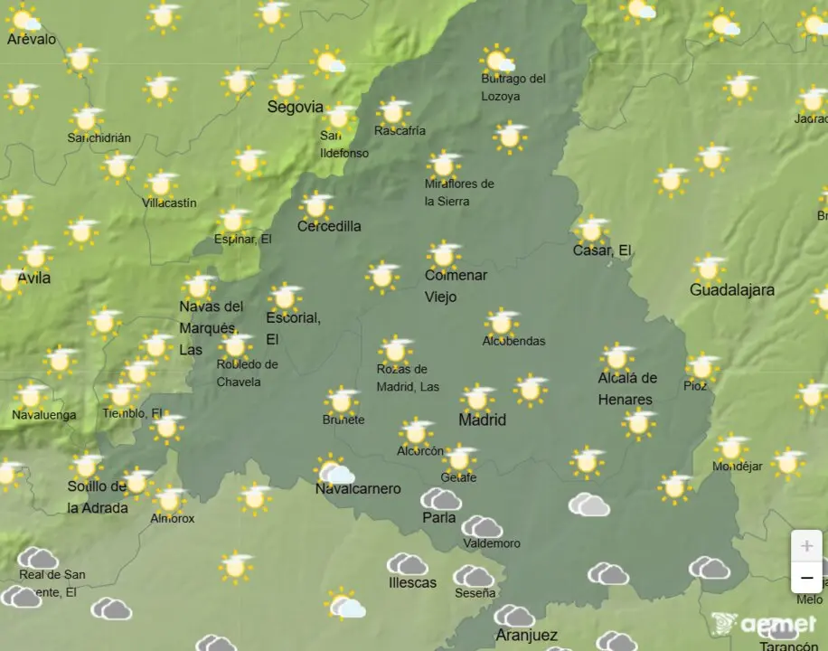 Mapa de la previsi&oacute;n meteorol&oacute;gica en la Comunidad de Madrid a 09 de abril de 2026. Fuente: AEMET.