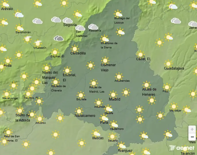 Mapa de la previsi&oacute;n meteorol&oacute;gica en la Comunidad de Madrid a 10 de abril de 2026. Fuente: AEMET.
