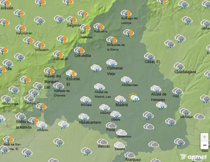 Mapa de la previsi&oacute;n meteorol&oacute;gica en la Comunidad de Madrid a 11 de abril de 2026. Fuente: AEMET.