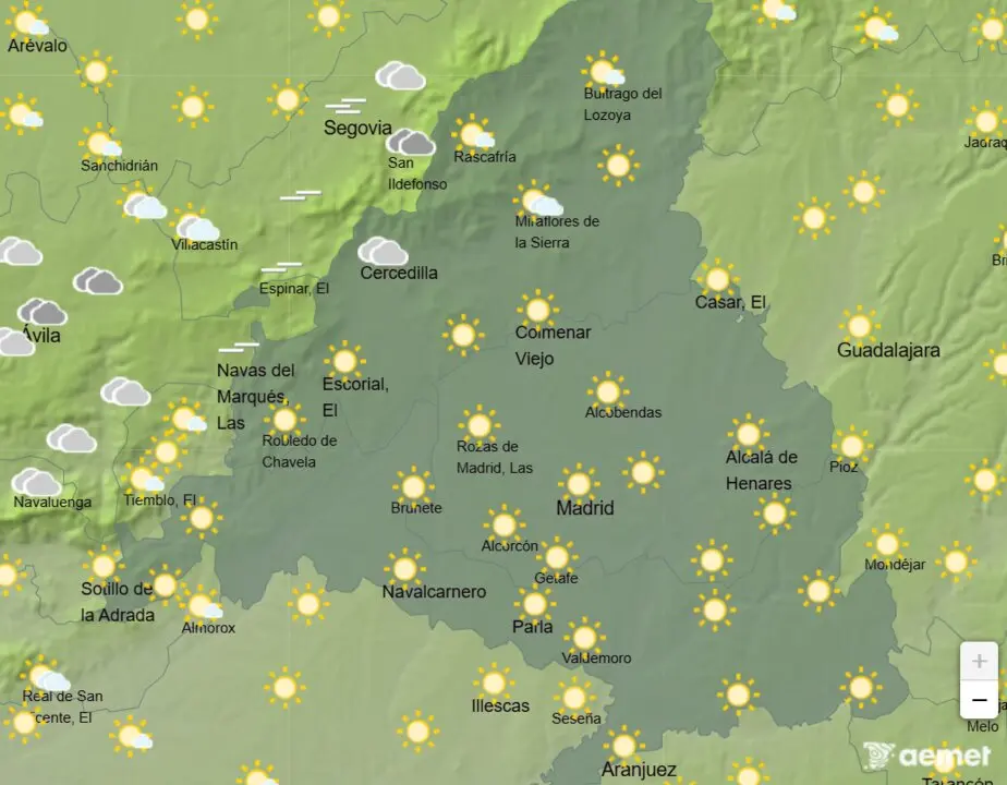 Mapa de la previsi&oacute;n meteorol&oacute;gica en la Comunidad de Madrid a 13 de abril de 2026. Fuente: AEMET.