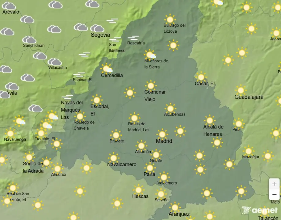 Mapa de la previsi&oacute;n meteorol&oacute;gica en la Comunidad de Madrid a 14 de abril de 2026. Fuente: AEMET.