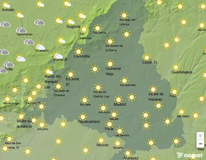Mapa de la previsi&oacute;n meteorol&oacute;gica en la Comunidad de Madrid a 15 de abril de 2026. Fuente: AEMET.