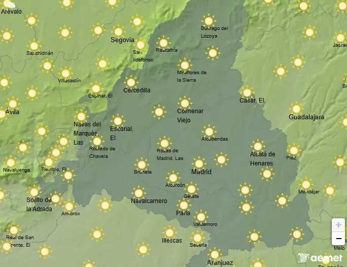Mapa de la previsi&oacute;n meteorol&oacute;gica en la Comunidad de Madrid a 16 de abril de 2026. Fuente: AEMET.