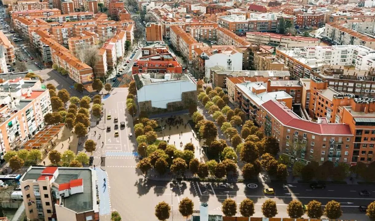 La plaza de Oporto, en Carabanchel, vivir&aacute; su "gran transformaci&oacute;n", con m&aacute;s de 100 &aacute;rboles y un carril bici. Imagen recreada del Ayuntamiento de Madrid.