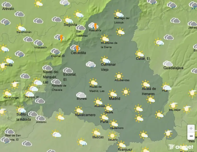 Mapa de la previsi&oacute;n meteorol&oacute;gica en la Comunidad de Madrid a 24 de abril de 2026. Fuente: AEMET.