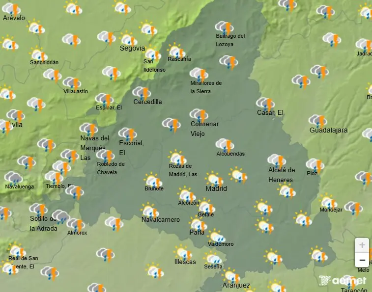 Mapa de la previsi&oacute;n meteorol&oacute;gica en la Comunidad de Madrid a 09 de mayo de 2026. Fuente: AEMET.
