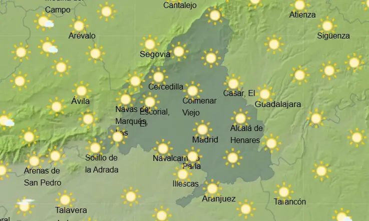 Mapa de la previsi&oacute;n meteorol&oacute;gica en la Comunidad de Madrid con cielos despejados. Fuente: AEMET.