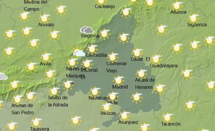 Mapa de la previsi&oacute;n meteorol&oacute;gica en la Comunidad de Madrid con cielos poco nublados. Fuente: AEMET.