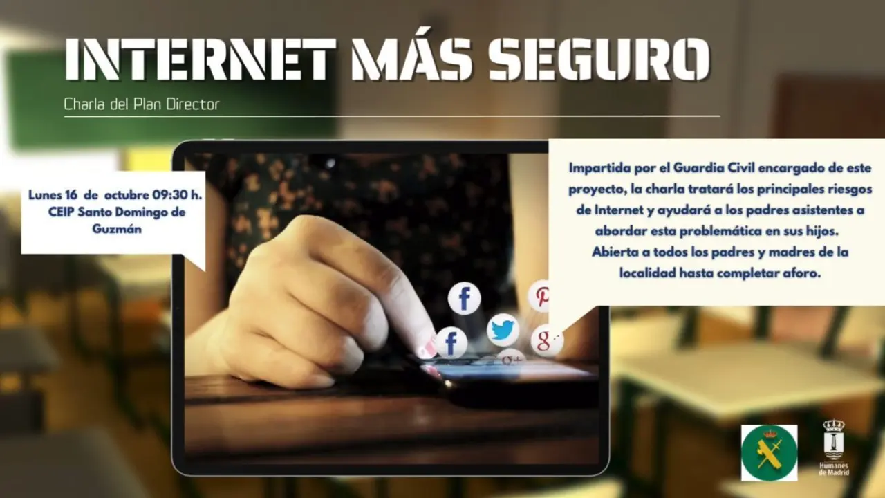 Cartel de las Charlas en Humanes sobre los riesgos de internet.