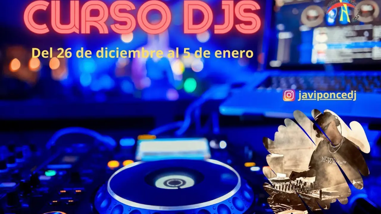 Una mesa de mezclas en el cartel del curso intensivo de DJ en Humanes. 