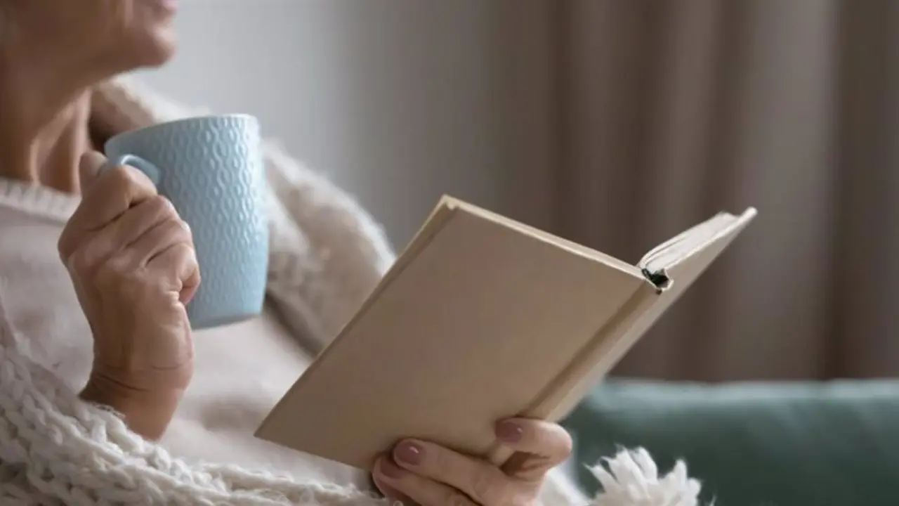 Persona mayor leyendo un libro y tomando caf&eacute;