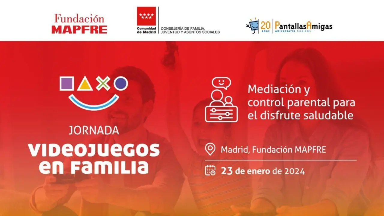 Cartel de las jornadas de PantallasAmigas y Fundaci&oacute;n MAPFRE sobre videojuegos y familias.
