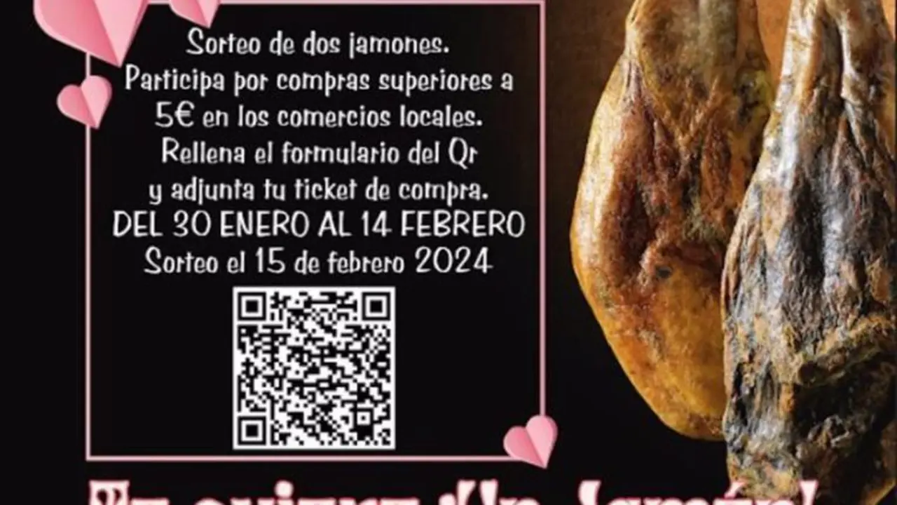 Cartel del sorteo de jam&oacute;n para apoyar por San Valent&iacute;n al comercio local de Ciempozuelos