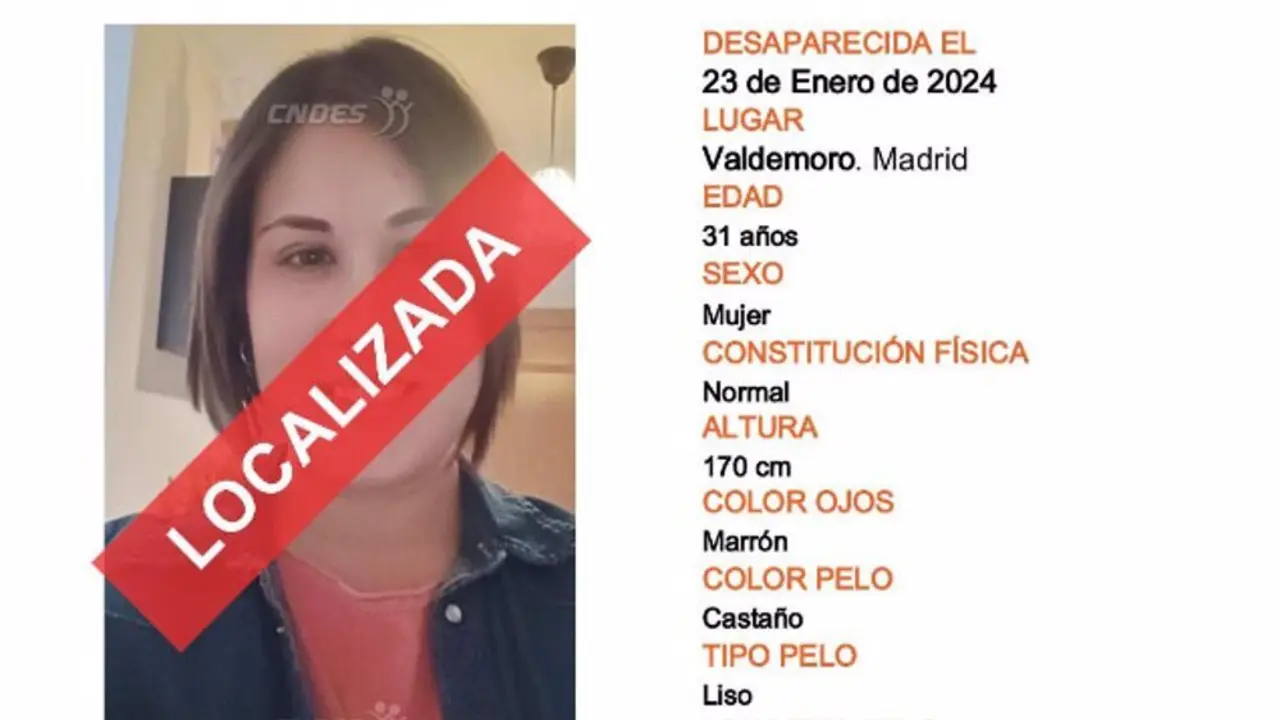 Cartel de localizada la mujer de 31 a&ntilde;os desaparecida en Valdemoro