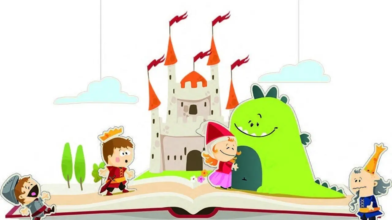 Libro abierto con un drag&oacute;n, una princesa, un pr&iacute;ncipe y un castillo