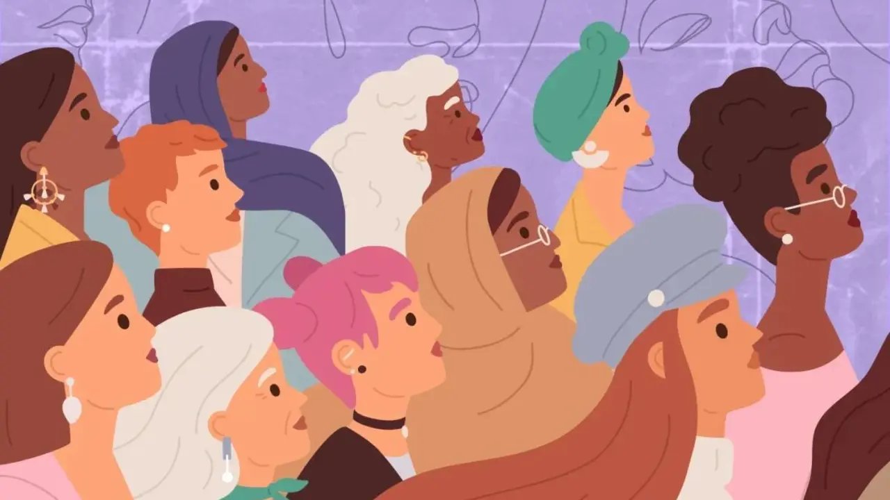 Mujeres ilustradas con un fondo morado por el D&iacute;a de la Mujer