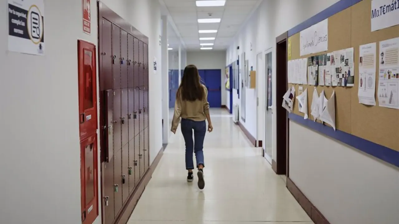 Mujer paseando por los pasillos de taquillas de un instituto