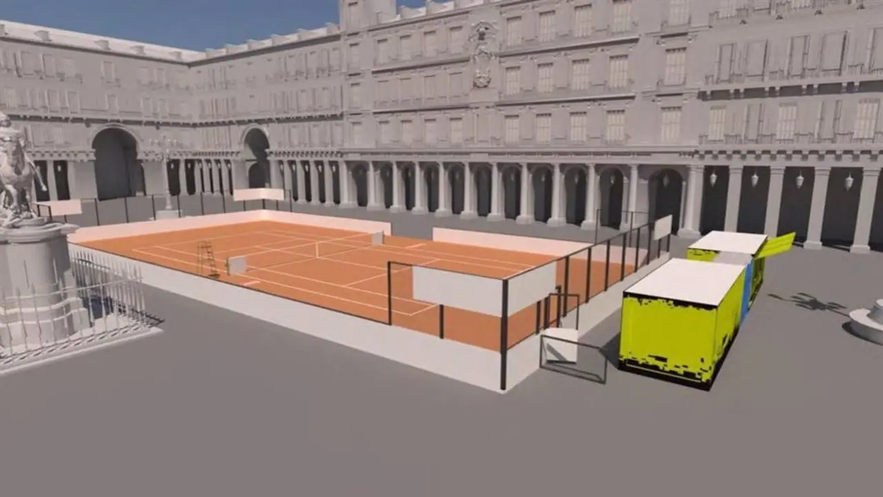 Representaci&oacute;n digital de la pista de tenis del Mutua Madrid Open en la Plaza Mayor de Madrid