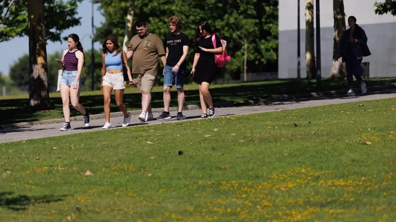 Personas paseando en grupo por el camino de un parque