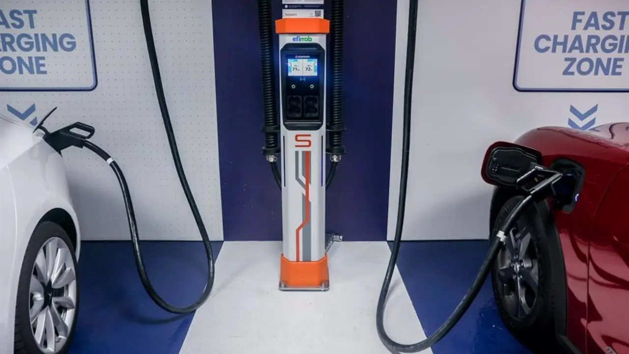 Cargador de veh&iacute;culos el&eacute;ctricos enchufado a dos de ellos