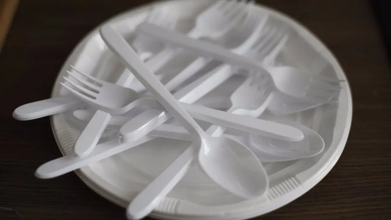 Plato de pl&aacute;stico con cubiertos de pl&aacute;stico sobre &eacute;l
