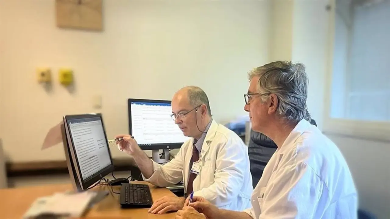Dos profesionales sanitarios usando un ordenador