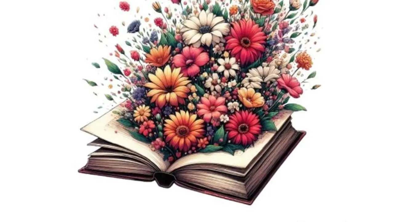 Panfleto con la informaci&oacute;n del concurso donde puede apreciarse un libro abierto con flores saliendo de &eacute;l junto a las informaciones mas relevantes de la organizaci&oacute;n del evento