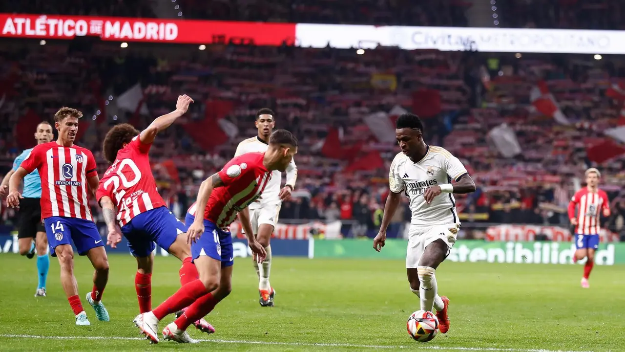 Vinicius Junior of Real Madrid in action during the Spanish Cup, Copa del Rey, football match played between Atletico de Madrid and Real Madrid at Civitas Metropolitano stadium on January 18, 2024 in Madrid, Spain.