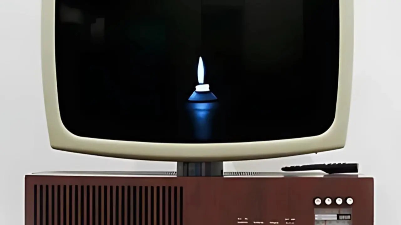 Imagen de uno de los objetos de la exposici&oacute;n donde se observa una televisi&oacute;n con una llama azul dentro