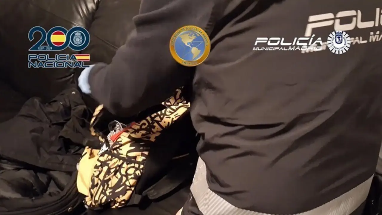 Agente de la Polic&iacute;a Nacional de Madrid registrando una mochila.