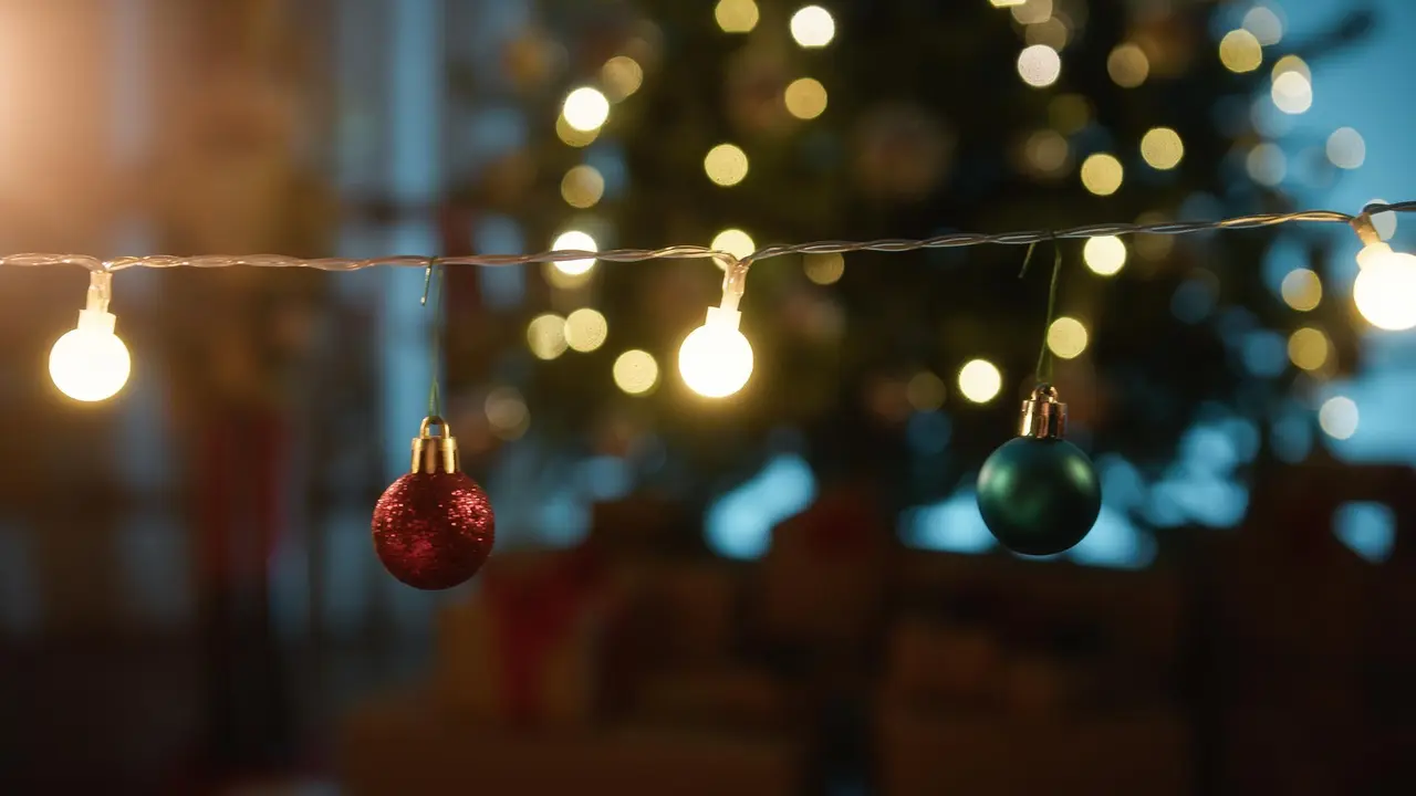 Imagen de archivo de bolas de navidad con luces.