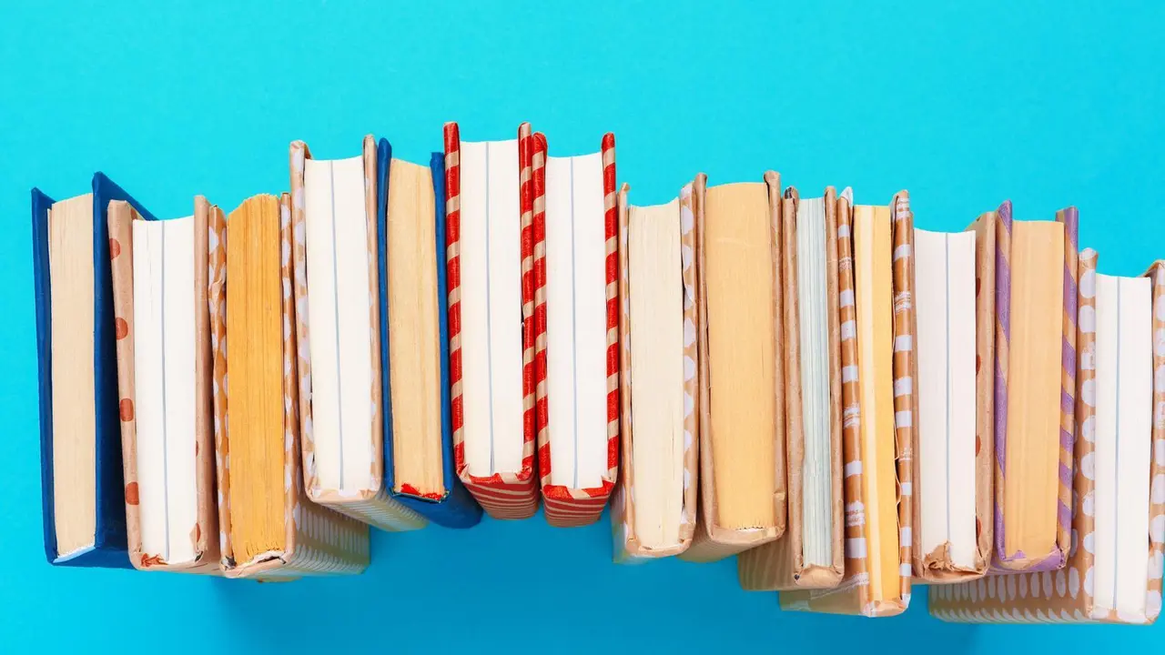 Imagen de archivo de libros sobre fondo azul.