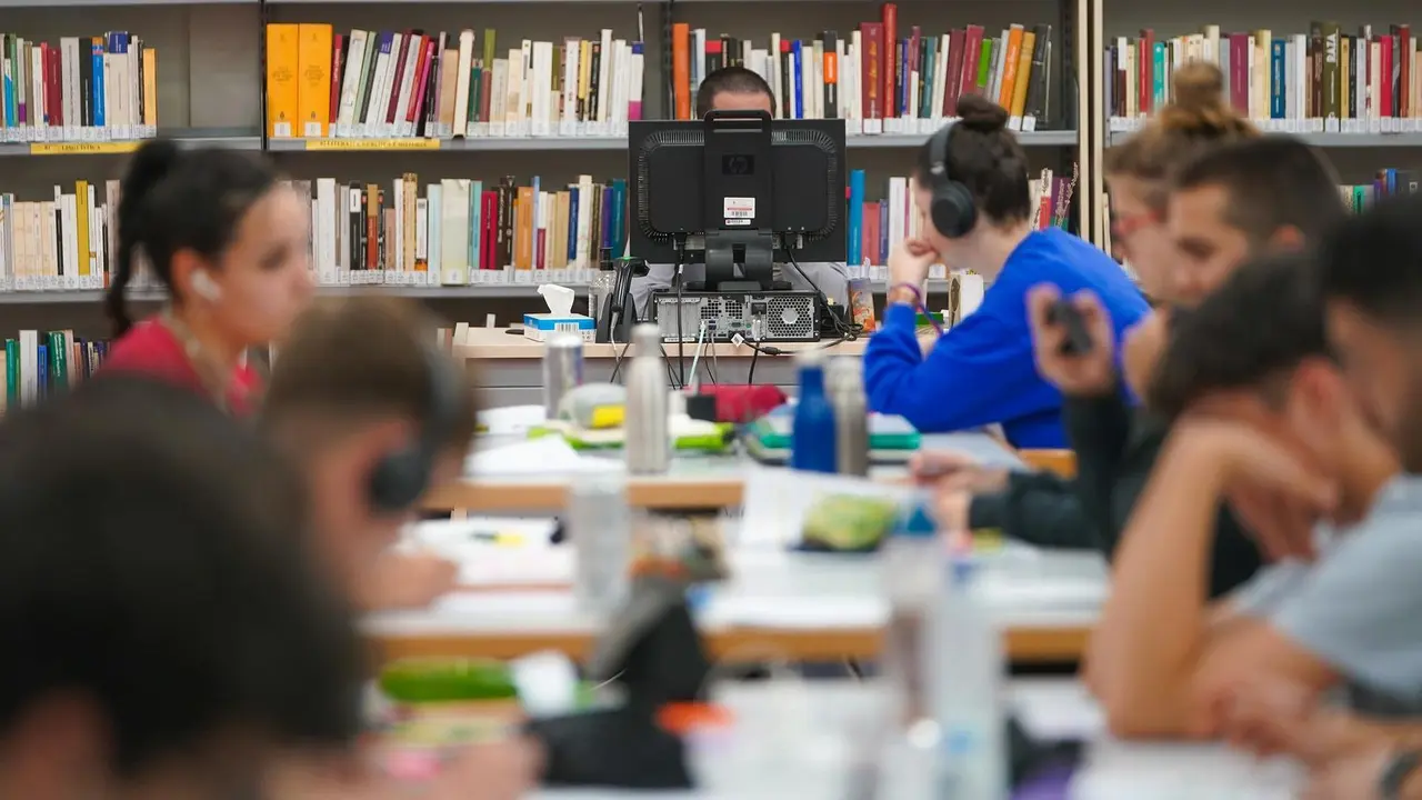 J&oacute;venes estudian en la Biblioteca p&uacute;blica Elena Fort&uacute;n, en Madrid.