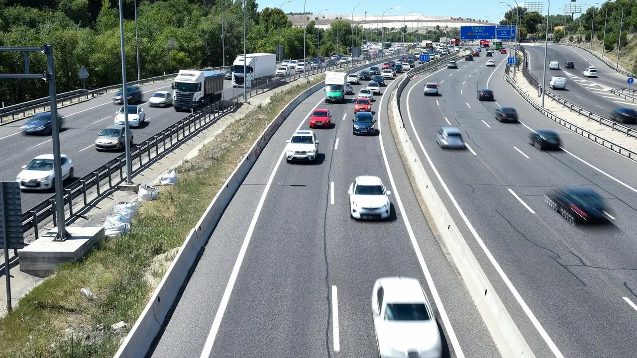 Imagen de archivo de coches en una autov&iacute;a en Madrid.