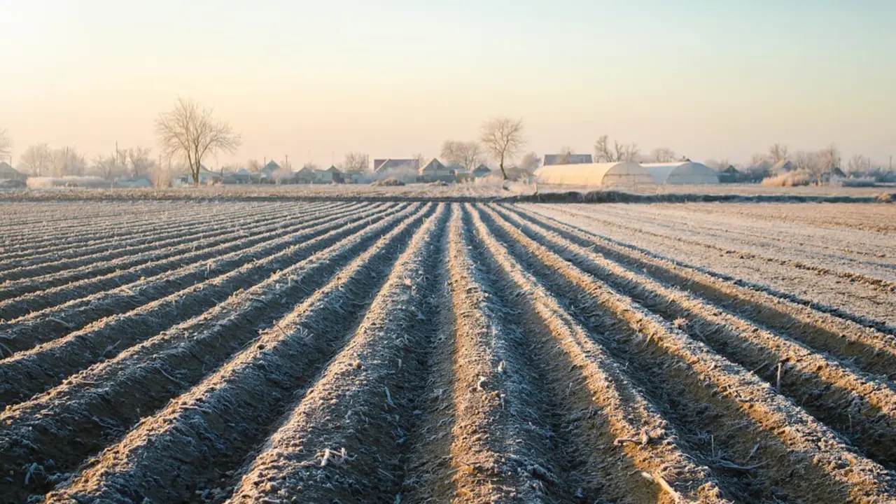Filas de campo helado en invierno. Imagen de archivo.